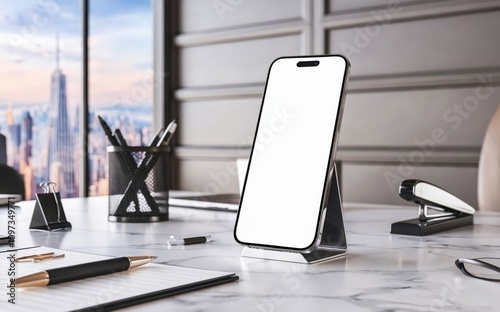 Modern Office Desk Setup with Smartphone and Sleek Accessories photo