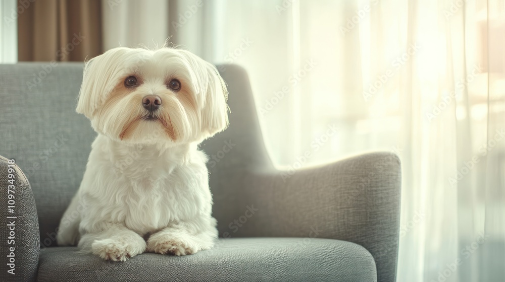 A small, fluffy dog resting on a gray armchair in a softly lit room.
