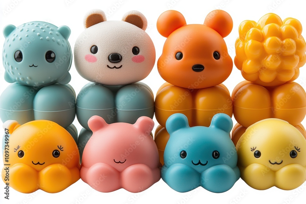 A set of various baby toys popular that are often encountered in everyday life including rattles, plush animals, and teething rings positioned individually with sharp, clear edges, making them A set of various baby toys popular that are often encountered in everyday life including rattles, plush animals, and teething rings positioned individually with sharp, clear edges, making them
