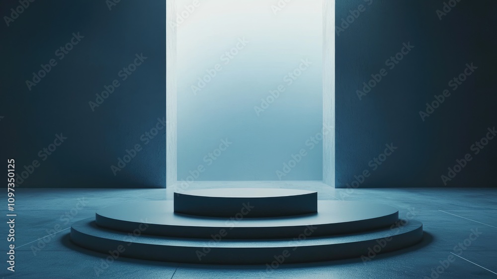 Fototapeta premium Minimalist Blue Platform in a Room with a Bright Entrance