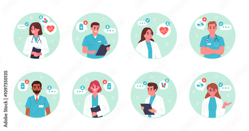 Fototapeta premium Doctors business card. Therapist or surgeon avatars, medical hospital worker consultation app, medical doctors portrait flat vector illustration set. Medical clinic workers