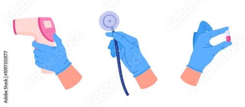 Medical tools in doctors hands. Therapist hands in rubber gloves, medical worker hands holding stethoscope, thermometer and pill flat vector illustration set. Nurse holding medical tools