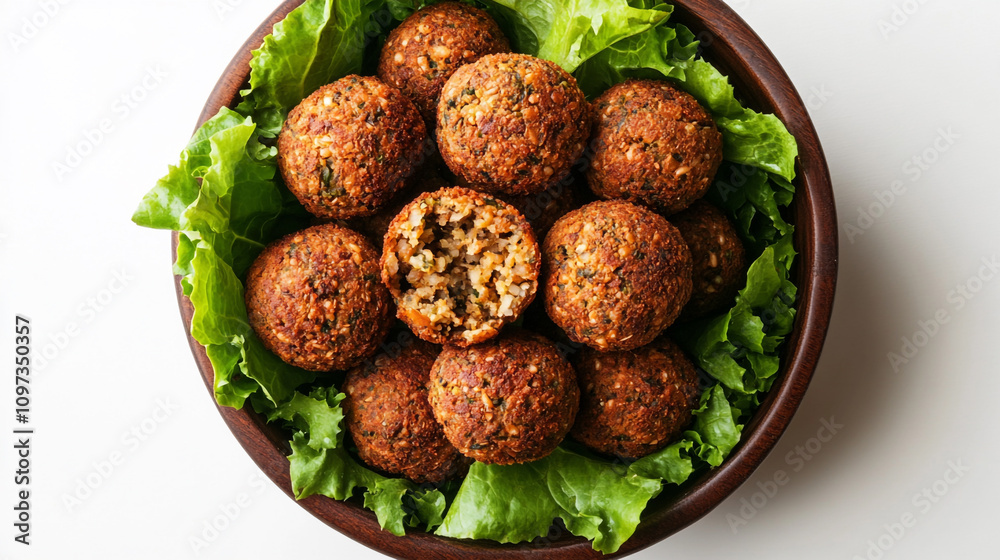 A bowl of falafel balls cut in half to reveal the filling inside rests on top of lettuce leaves against a white background
A bowl of falafel balls cut in half to reveal the filling inside rests on top of lettuce leaves against a white background