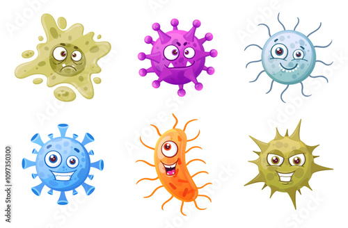 Microbes mascots. Cartoon bacteria, microbes and viruses with facial emotions flat vector illustration set. Cute germs and viruses