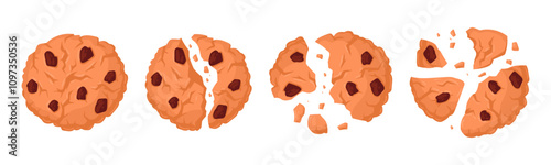 Oatmeal cookies pieces. Chocolate chips cookie crumbs, bitten and broken biscuits flat vector illustration set. Cartoon sweet crunchy broken cookies on white