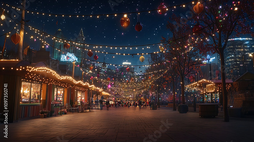 A festive city square at night, decorated with colorful string lights and bustling with activity under a starry sky 