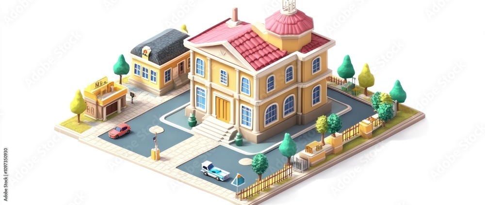 A colorful, stylized depiction of a small town with a government building and surrounding features. A colorful, stylized depiction of a small town with a government building and surrounding features.
