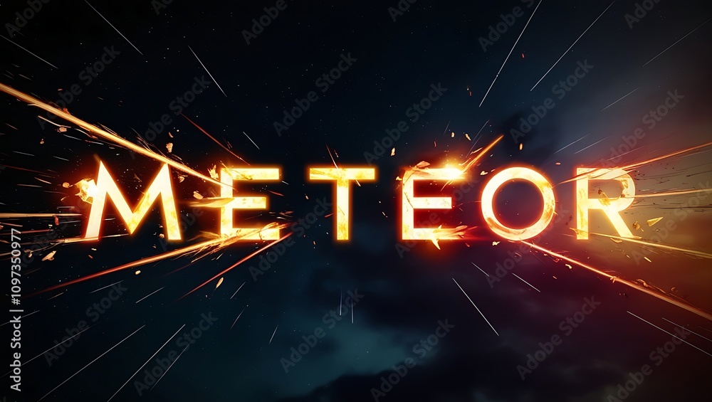 Fiery meteor word art with sparks streaking across dark night sky.