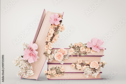 Romantic Vintage Books Decorated with Pink Hibiscus Flowers, Peach Roses, and Delicate Carnations on Light Background for Wedding, Education, or Literary Concept