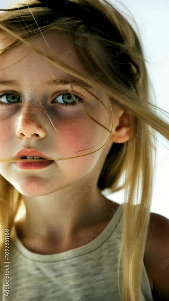 Young girl with flowing hair gazing thoughtfully against a light background in an indoor setting Young girl with flowing hair gazing thoughtfully against a light background in an indoor setting