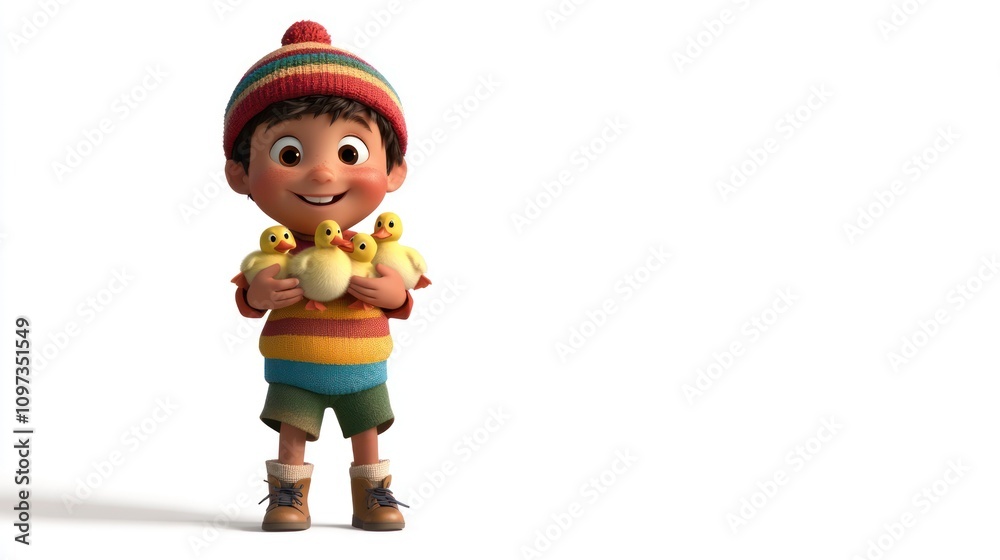 A cheerful boy holding four yellow ducklings, showcasing joy and innocence. A cheerful boy holding four yellow ducklings, showcasing joy and innocence.