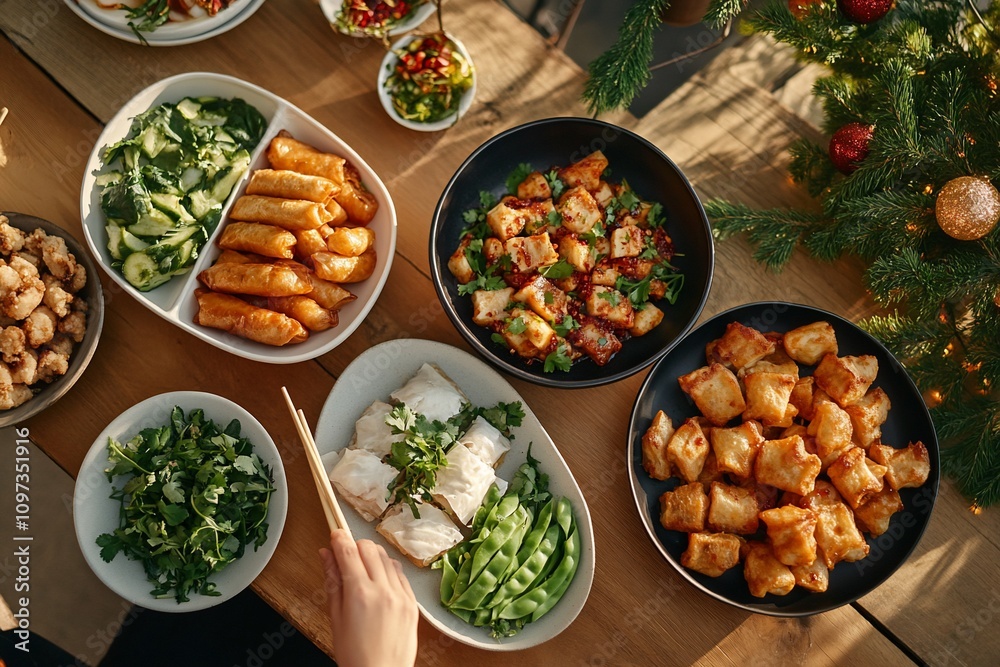 Overhead view of a table laden with delicious Asian cuisine, including spring rolls, vegetables, and tofu dishes. A hand reaches for food with chopsticks. Festive Christmas tree in the background. Overhead view of a table laden with delicious Asian cuisine, including spring rolls, vegetables, and tofu dishes. A hand reaches for food with chopsticks. Festive Christmas tree in the background.