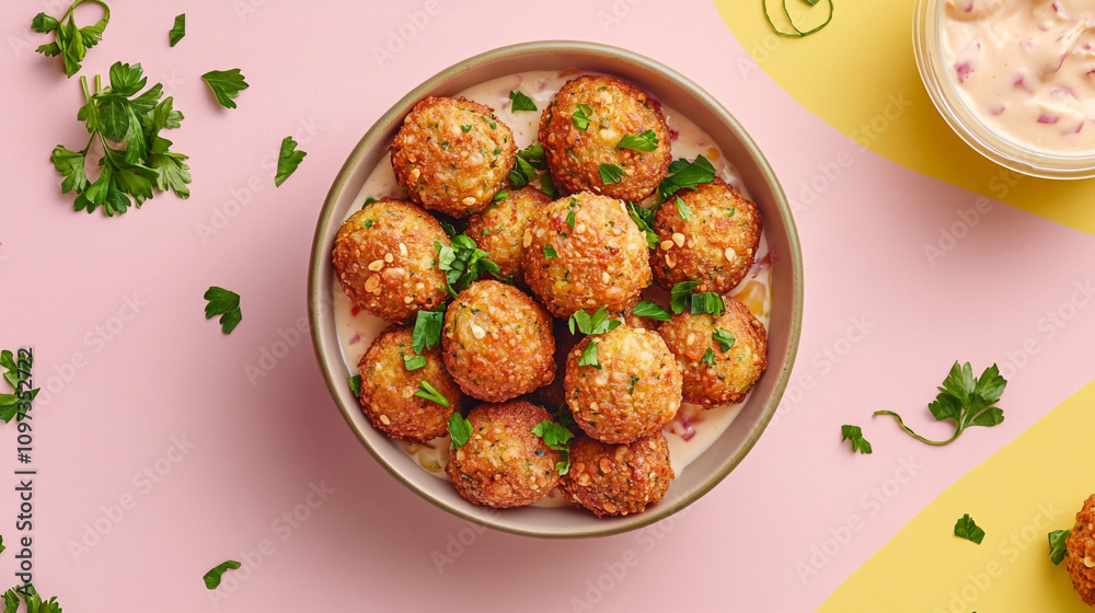 A bowl filled with falafel balls some on the side surrounded by clear dressing and cut up curly green buds A bowl filled with falafel balls some on the side surrounded by clear dressing and cut up curly green buds