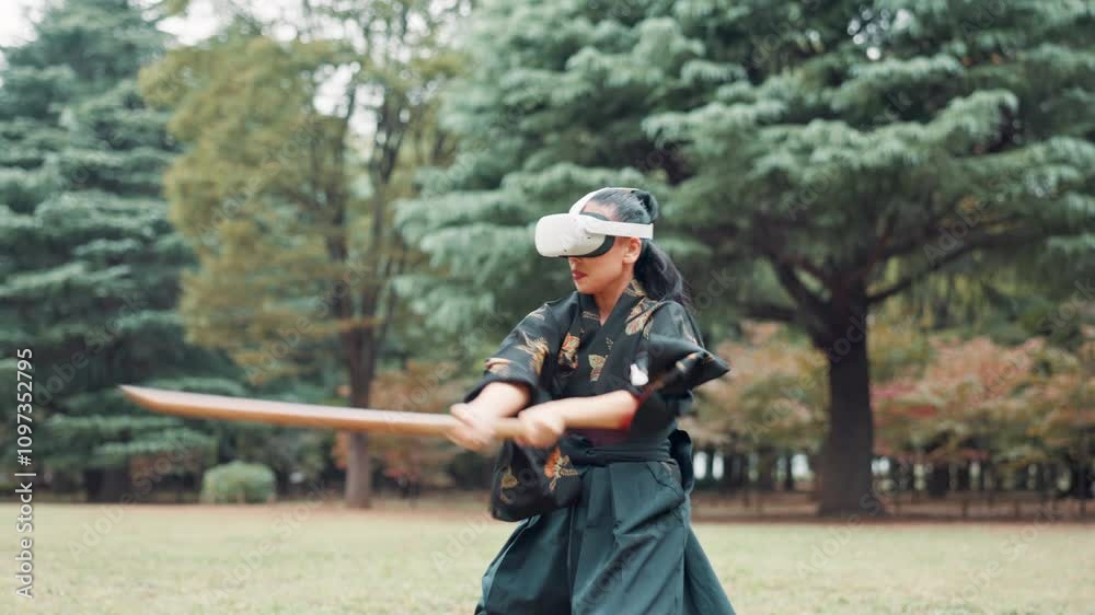 Aikido, bamboo and virtual reality with Japanese woman in forest for metaverse exercise or training. Practice, sword and VR headset with Ninja or Samurai person outdoor in nature for culture or skill Aikido, bamboo and virtual reality with Japanese woman in forest for metaverse exercise or training. Practice, sword and VR headset with Ninja or Samurai person outdoor in nature for culture or skill