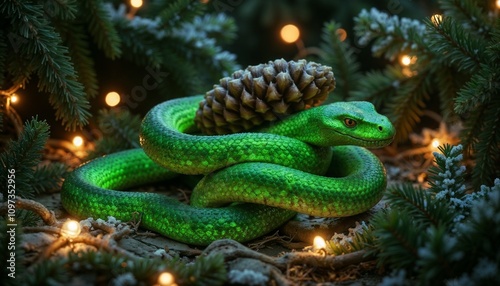 A glowing green wooden snake curling around a large pinecone. Surrounded by frosted evergreen branches and fairy lights. Elegant and rustic holiday mood. 