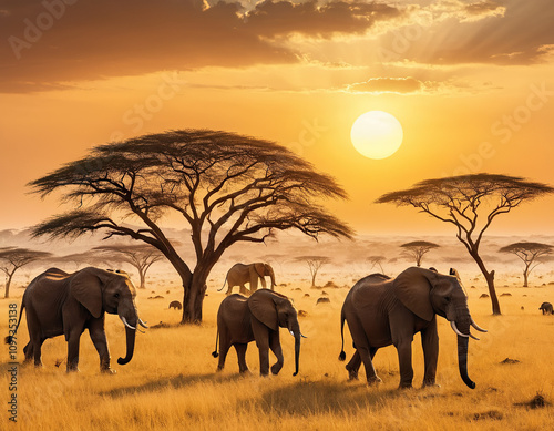 elephants in the sunset photo