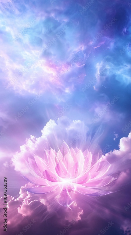 Pink lotus flower blooming in a vibrant, colorful sky with clouds reflecting in water. Pink lotus flower blooming in a vibrant, colorful sky with clouds reflecting in water.