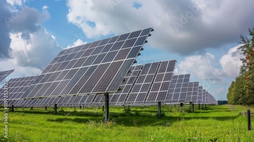 Renewable energy technology with solar panels field during a sunny day photo