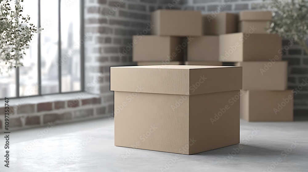 Cardboard Box in a Brick Room near Window Cardboard Box in a Brick Room near Window