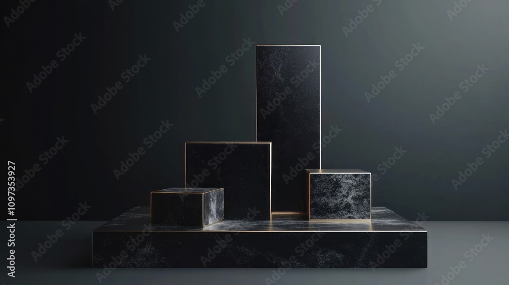 Black marble podium with gold accents on dark background. Black marble podium with gold accents on dark background.