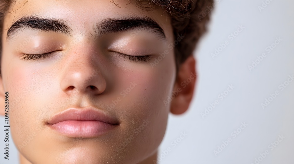 Close-up portrait of a serene young man with eyes closed. Close-up portrait of a serene young man with eyes closed.