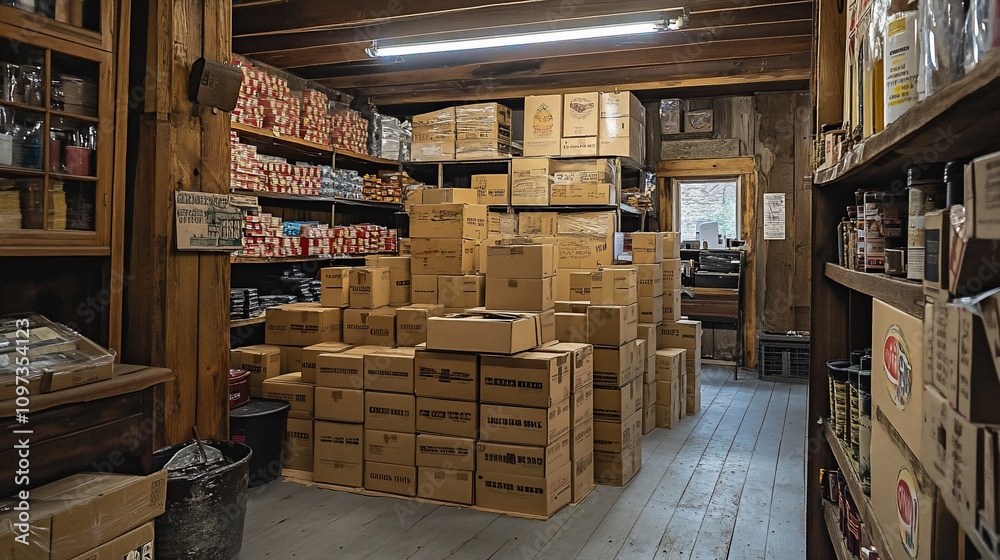 A rustic wooden storage room filled with stacked cardboard boxes, shelves of various goods, and antique wooden cabinetry. A rustic wooden storage room filled with stacked cardboard boxes, shelves of various goods, and antique wooden cabinetry.