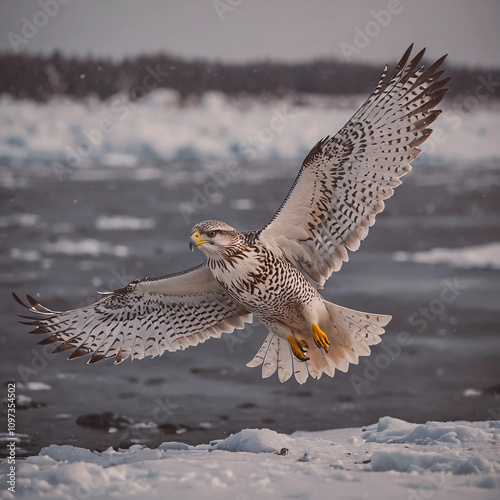 Gyrfalcon flying near the river
