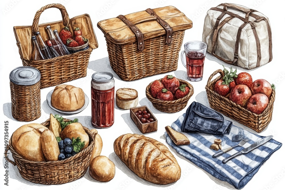 A set of various picnic items popular that are often encountered in everyday life including baskets, picnic blankets, and drink coolers positioned individually with sharp, clear edges, making A set of various picnic items popular that are often encountered in everyday life including baskets, picnic blankets, and drink coolers positioned individually with sharp, clear edges, making