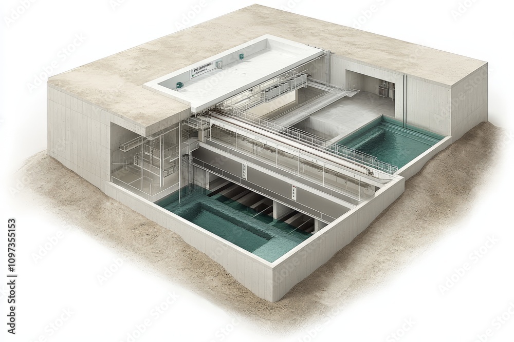 Cross sectional view of a wastewater treatment plant with sedimentation tanks aeration systems and clean water output emphasizing environmental technology and water purification processes Cross sectional view of a wastewater treatment plant with sedimentation tanks aeration systems and clean water output emphasizing environmental technology and water purification processes