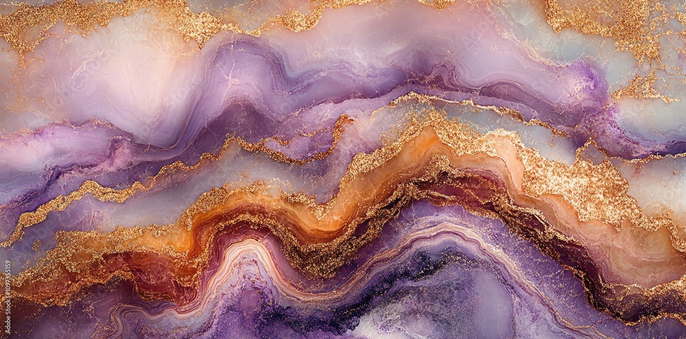 Fototapeta premium Abstract design featuring flowing purple, gold, and orange patterns reminiscent of agate stone.