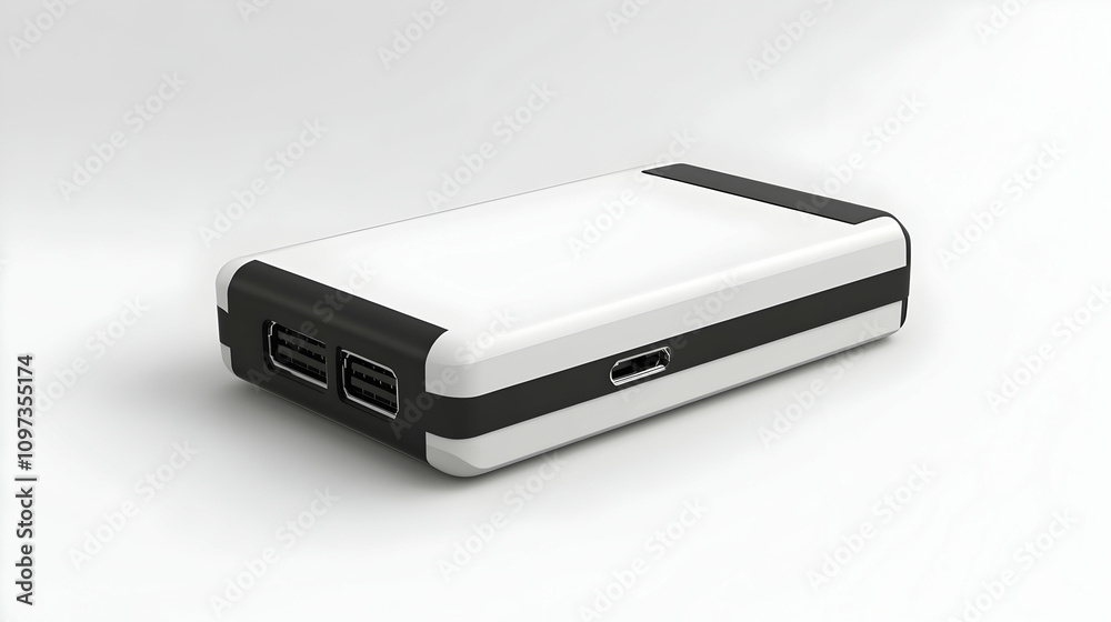 White and black rectangular device with ports. White and black rectangular device with ports.