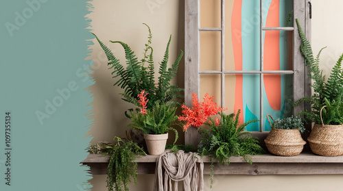 Fine composition of home garden filled with multiform fern  