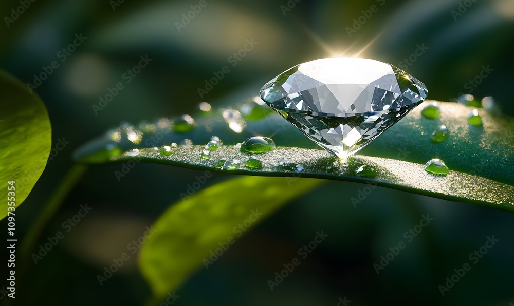 Sparkling diamond on dewy green leaf. Sparkling diamond on dewy green leaf.