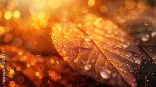 Dew drops on autumn leaf with bokeh background.