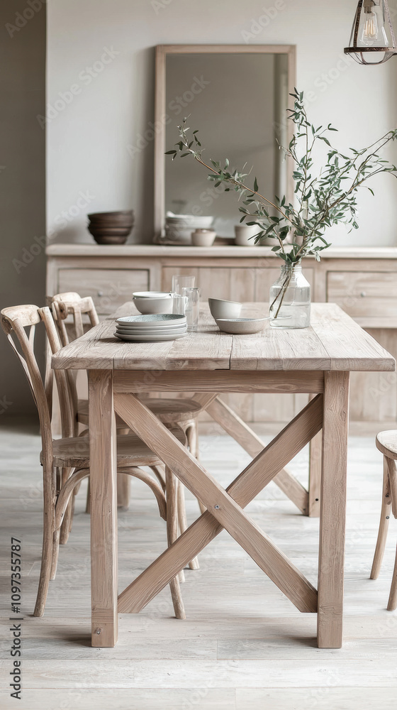 Woodwork Furniture Technique Concept. A cozy dining area featuring a rustic wooden table, minimalist decor, and a vase of greenery, creating a warm and inviting atmosphere. Woodwork Furniture Technique Concept. A cozy dining area featuring a rustic wooden table, minimalist decor, and a vase of greenery, creating a warm and inviting atmosphere.