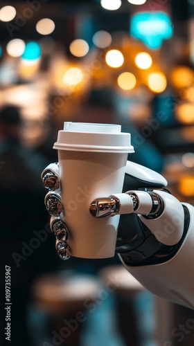 Futuristic robotic hand grasping coffee cup in photo