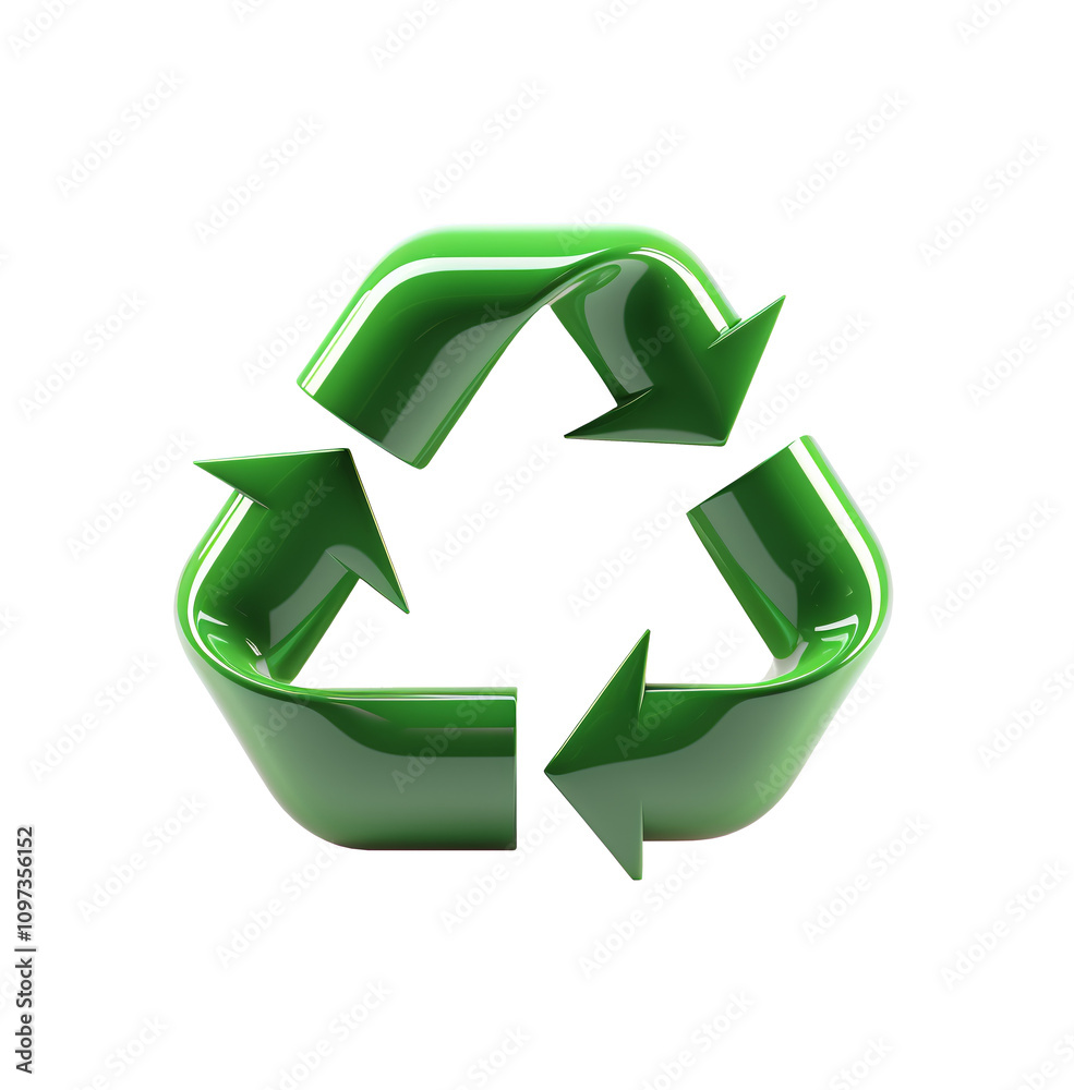 Green Recycling Symbol in 3D Design, Eco-Friendly Recycle Logo with Glossy Finish, on white and transparent background. PNG