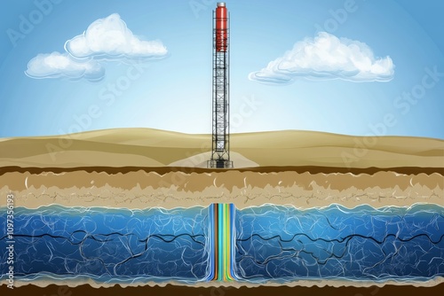 Oil extraction rig penetrating underground reservoirs beneath desert terrain illustrating hydraulic fracturing and resource extraction in arid regions photo