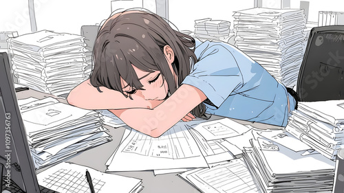 Messy office desk working man stressed frustration overwhelm burnout, paper files folders, stress work overtime busy businessman, finance business worker headache mental health balance high pressure