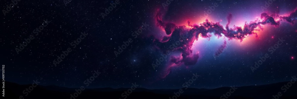 Fototapeta premium Colorful alien planet with swirling clouds set against a dark galaxy night sky full of stars and distant nebulae, poster, night sky