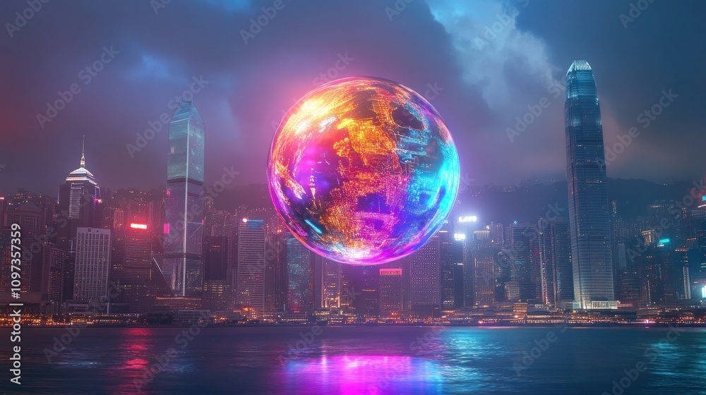 Obraz premium Futuristic cityscape with a glowing orb above water.