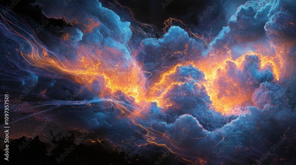 Fototapeta premium Vibrant cosmic clouds with fiery highlights.