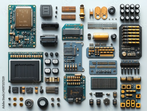 A set of various electronic components popular that are often encountered in everyday life including circuit boards, wires, and resistors positioned individually with sharp, clear edges, making 