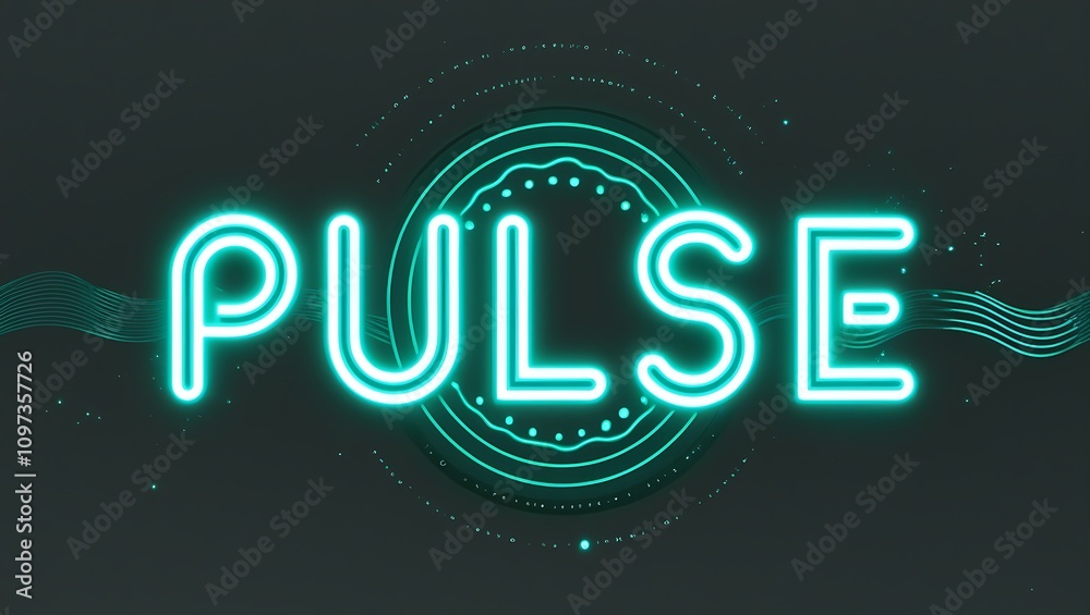 Neon teal PULSE word art with abstract tech background.