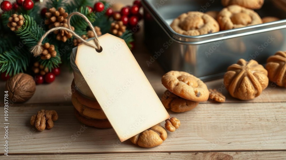 Cookies with caramel cream and walnuts in a vintage metal box Christmas decoration on bright wooden surface with clean empty tag, cookies, clean