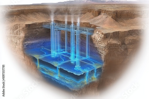 Cross sectional geological illustration showing groundwater reservoirs with cascading aquifers and subsurface water flow highlighting natural water systems and hydrological processes