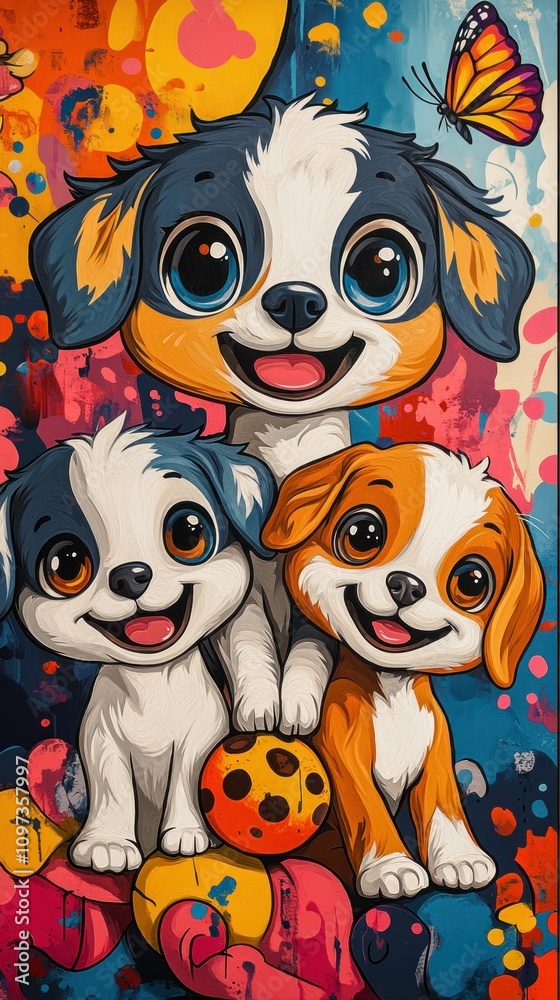 Obraz premium Three Adorable Puppies In A Colorful Artistic Setting