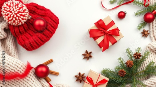 Cozy Christmas scene with festive props on white wooden table, bobble hat, Christmas photo