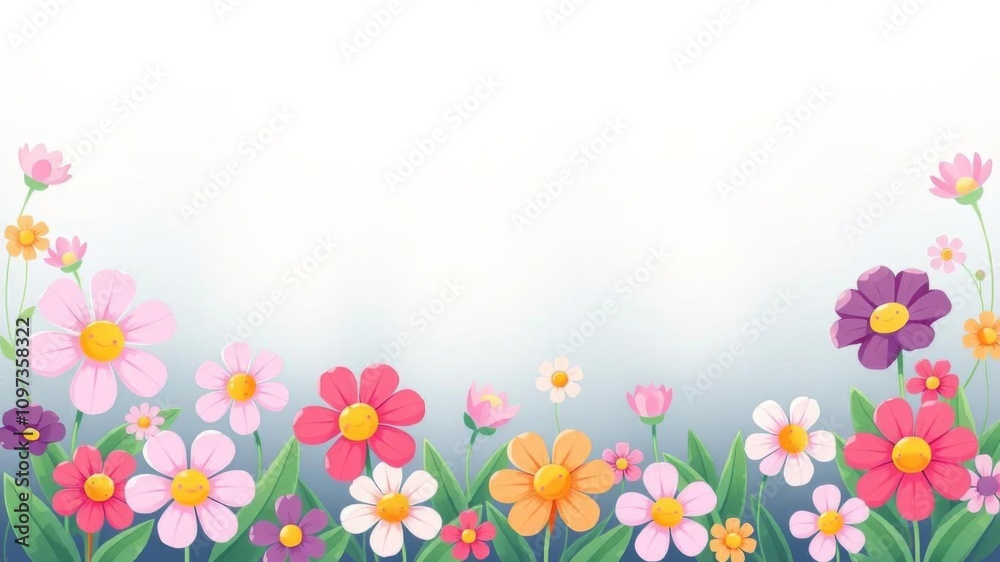 Cute floral vector illustration with smiling flowers in various colors, smiling, vector Cute floral vector illustration with smiling flowers in various colors, smiling, vector