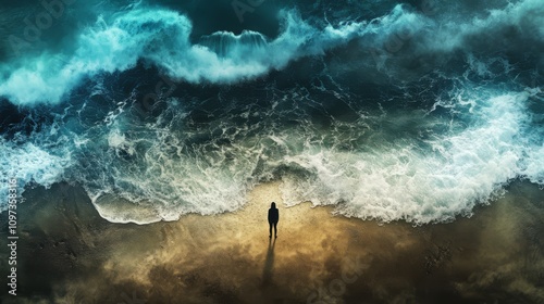 Fototapeta Naklejka Na Ścianę i Meble -  Lone figure facing immense ocean wave.